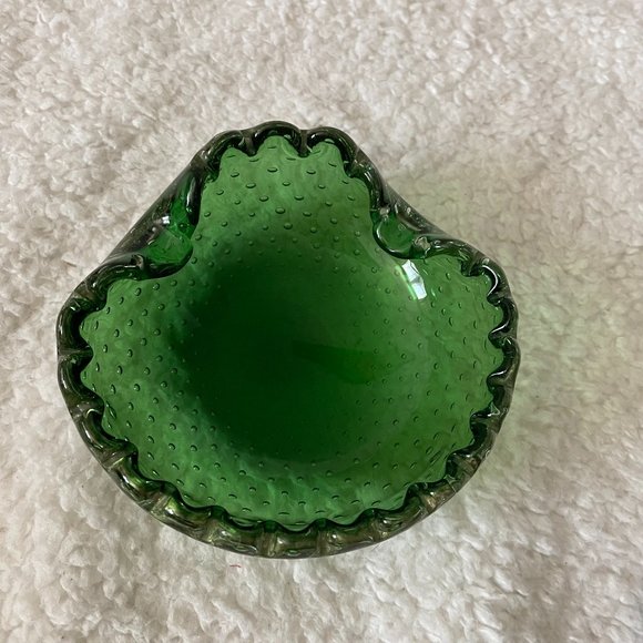 Vintage Murano Green GlassArt Controlled Bubbles Scalloped Ashtray Catchall 5”